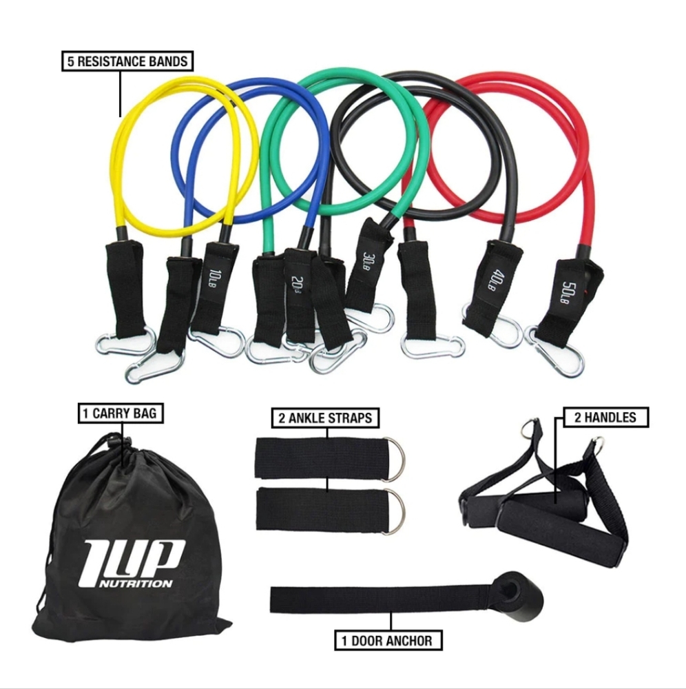1 UP NUTRITION Resistance Band Kit 10- 50lb, Handles, Ankle Straps, Door Anchor